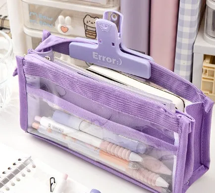 Six-layer transparent canvas pen bag in matcha green with zipped compartments for school stationery