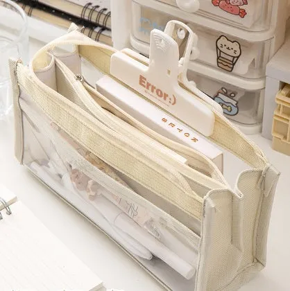 Six-layer transparent canvas pen bag in matcha green with zipped compartments for school stationery