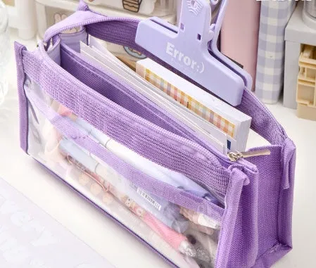 Six-layer transparent canvas pen bag in matcha green with zipped compartments for school stationery