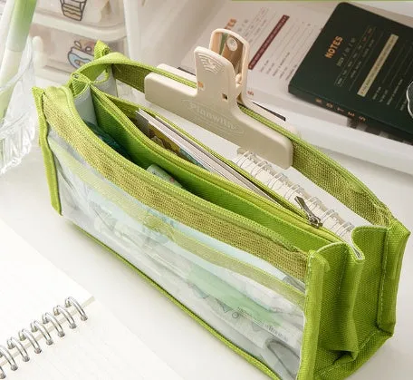 Six-layer transparent canvas pen bag in matcha green with zipped compartments for school stationery