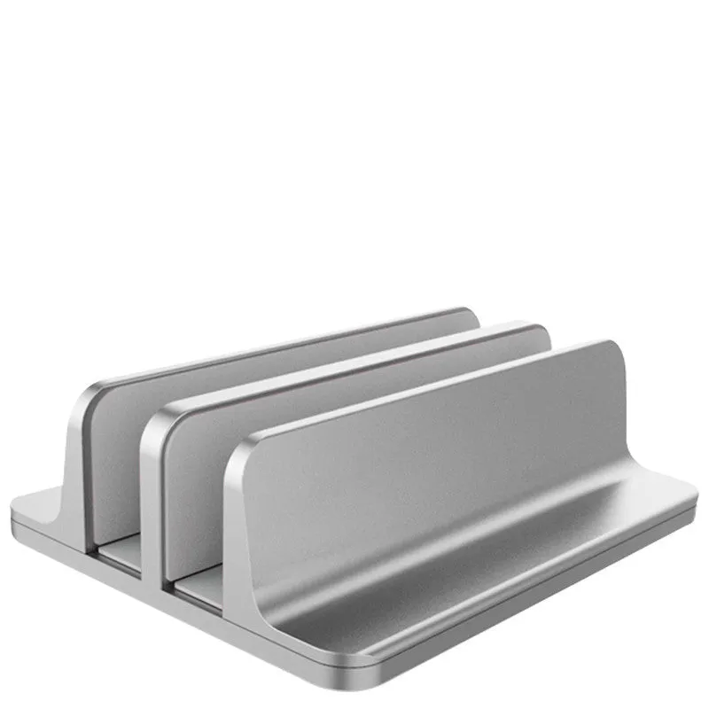 Aluminium alloy vertical stand holding a MacBook laptop upright