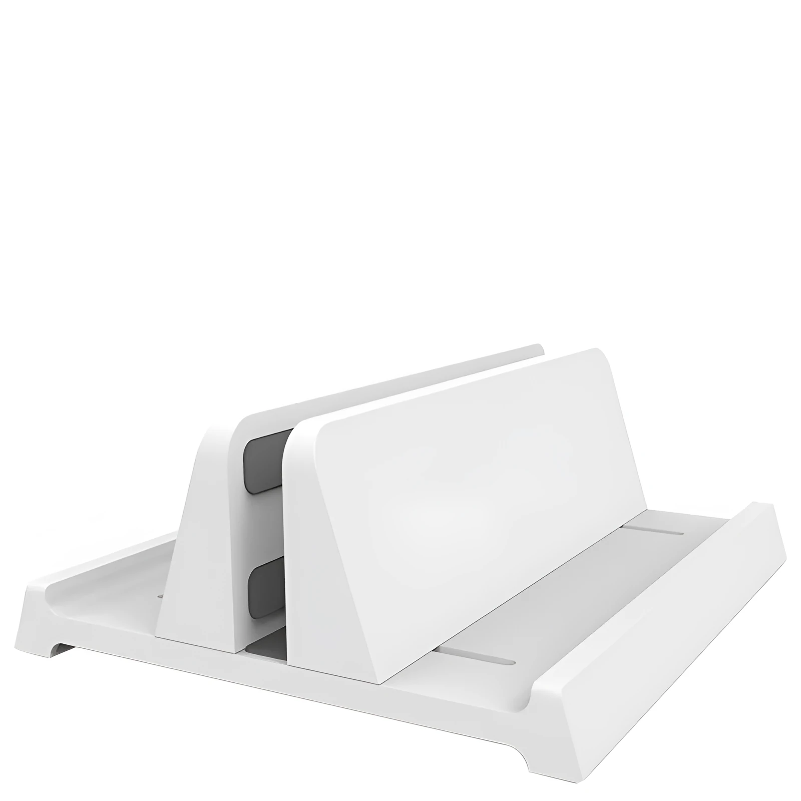 Aluminium alloy vertical stand holding a MacBook laptop upright