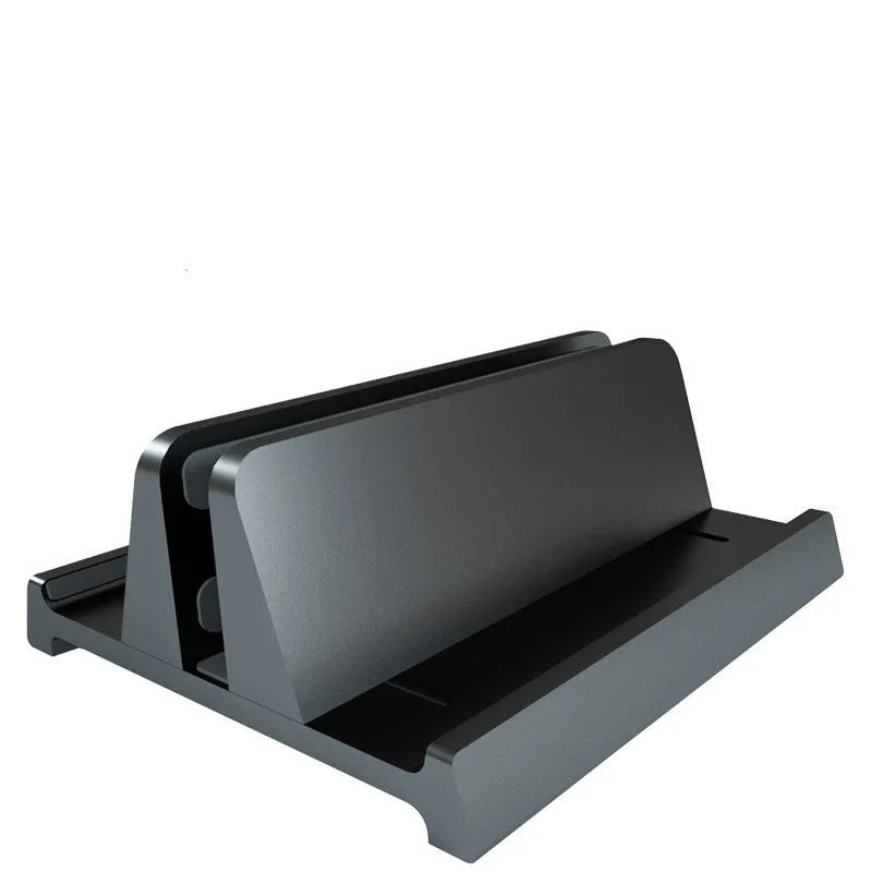 Aluminium alloy vertical stand holding a MacBook laptop upright