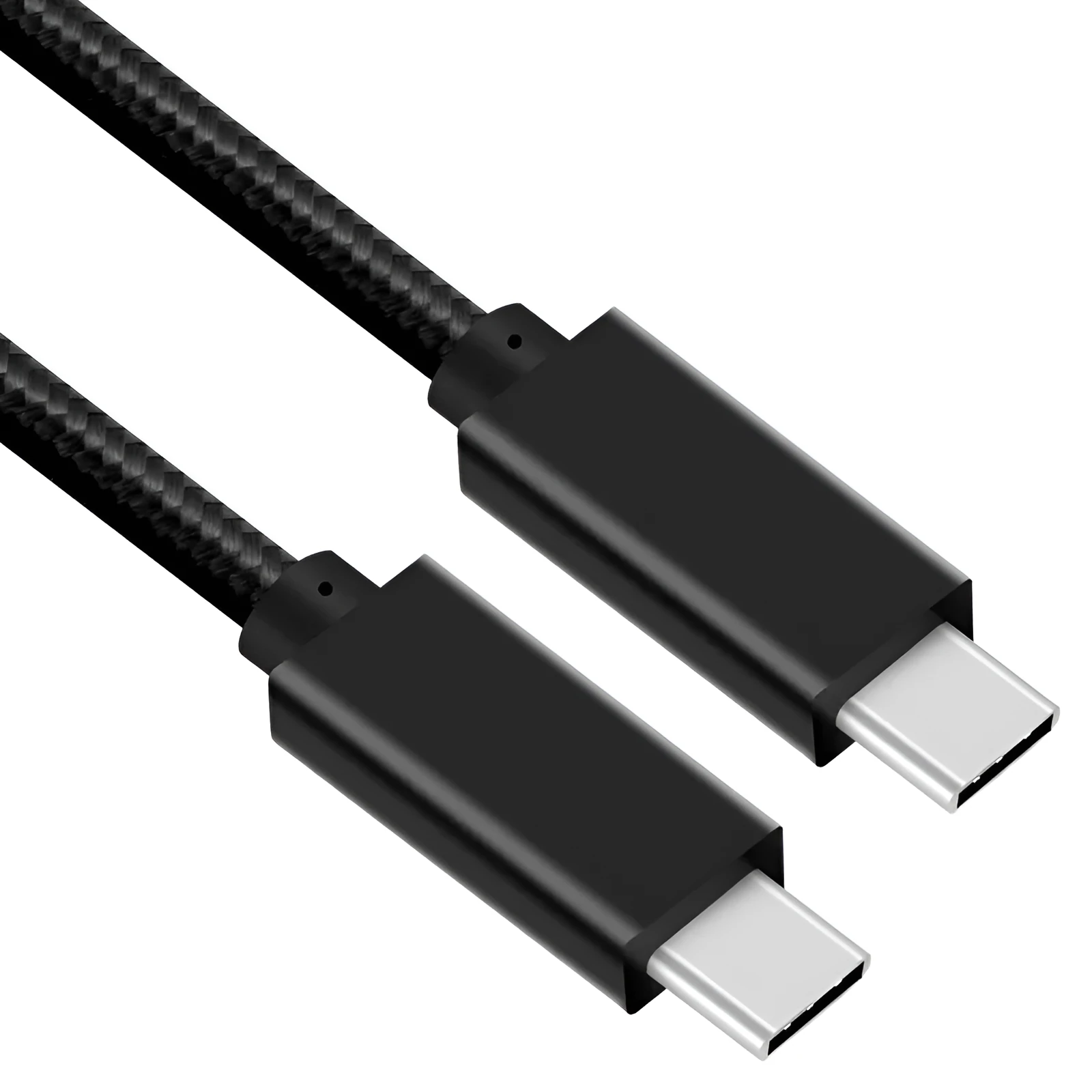 Black USB-C to USB-C cable with stainless steel plug, shown coiled, for 100W charging and 4K video.