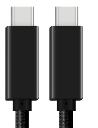 Black USB-C to USB-C cable with stainless steel plug, shown coiled, for 100W charging and 4K video.