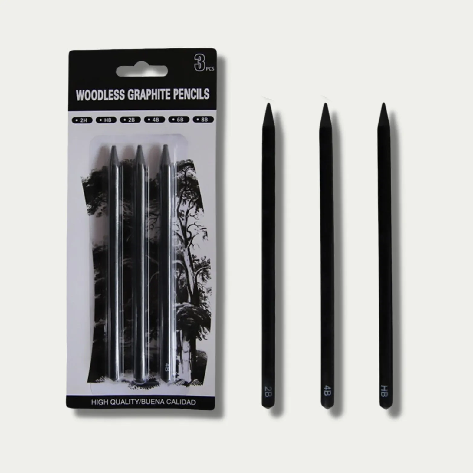 Set of six wood-free graphite sketching pencils in grades HB, 2B, 4B, 6B, 8B, and EE