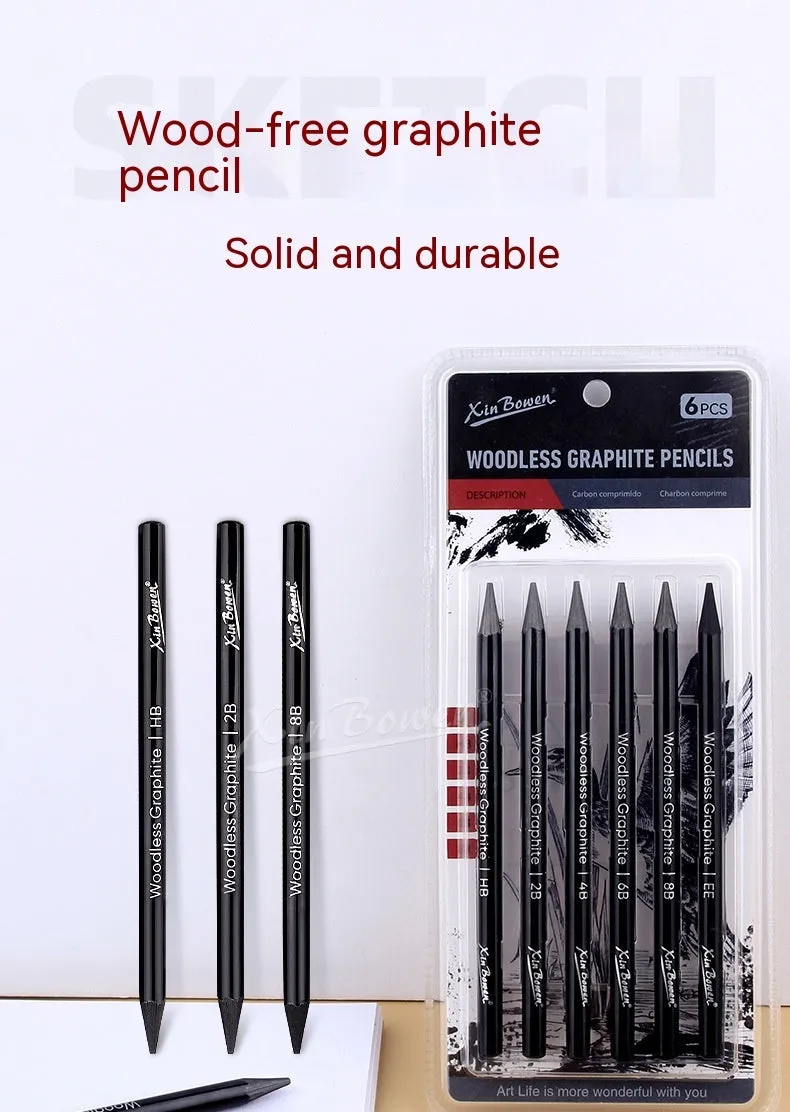Set of six wood-free graphite sketching pencils in grades HB, 2B, 4B, 6B, 8B, and EE