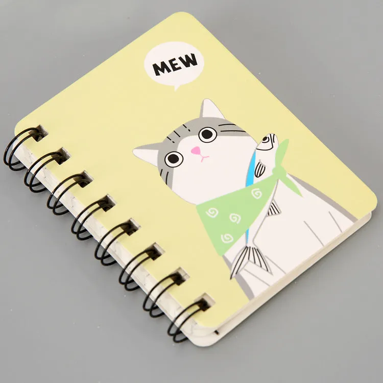 Mini spiral notebook with pen in green, pink, purple, or yellow colours showing 50 pages and 80x105mm size