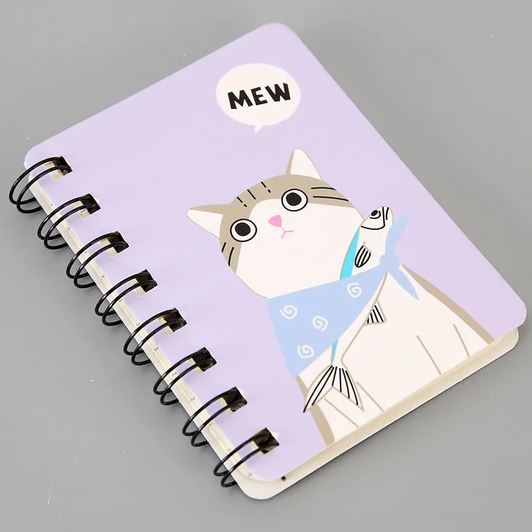 Mini spiral notebook with pen in green, pink, purple, or yellow colours showing 50 pages and 80x105mm size