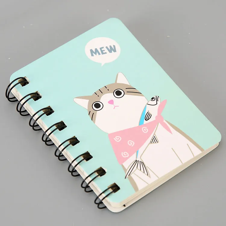 Mini spiral notebook with pen in green, pink, purple, or yellow colours showing 50 pages and 80x105mm size