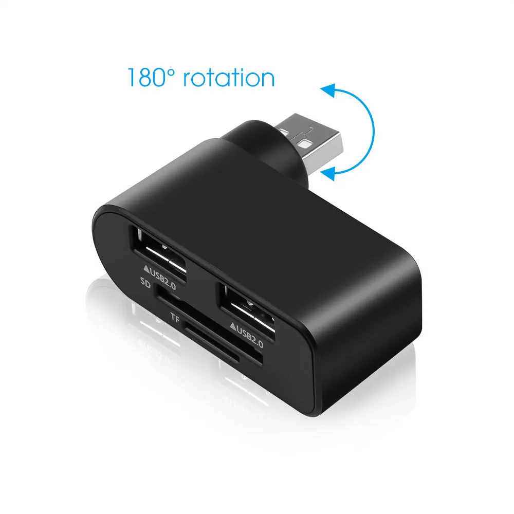 Rotating USB 2.0 hub with three ports and multi-format card reader in black ABS plastic