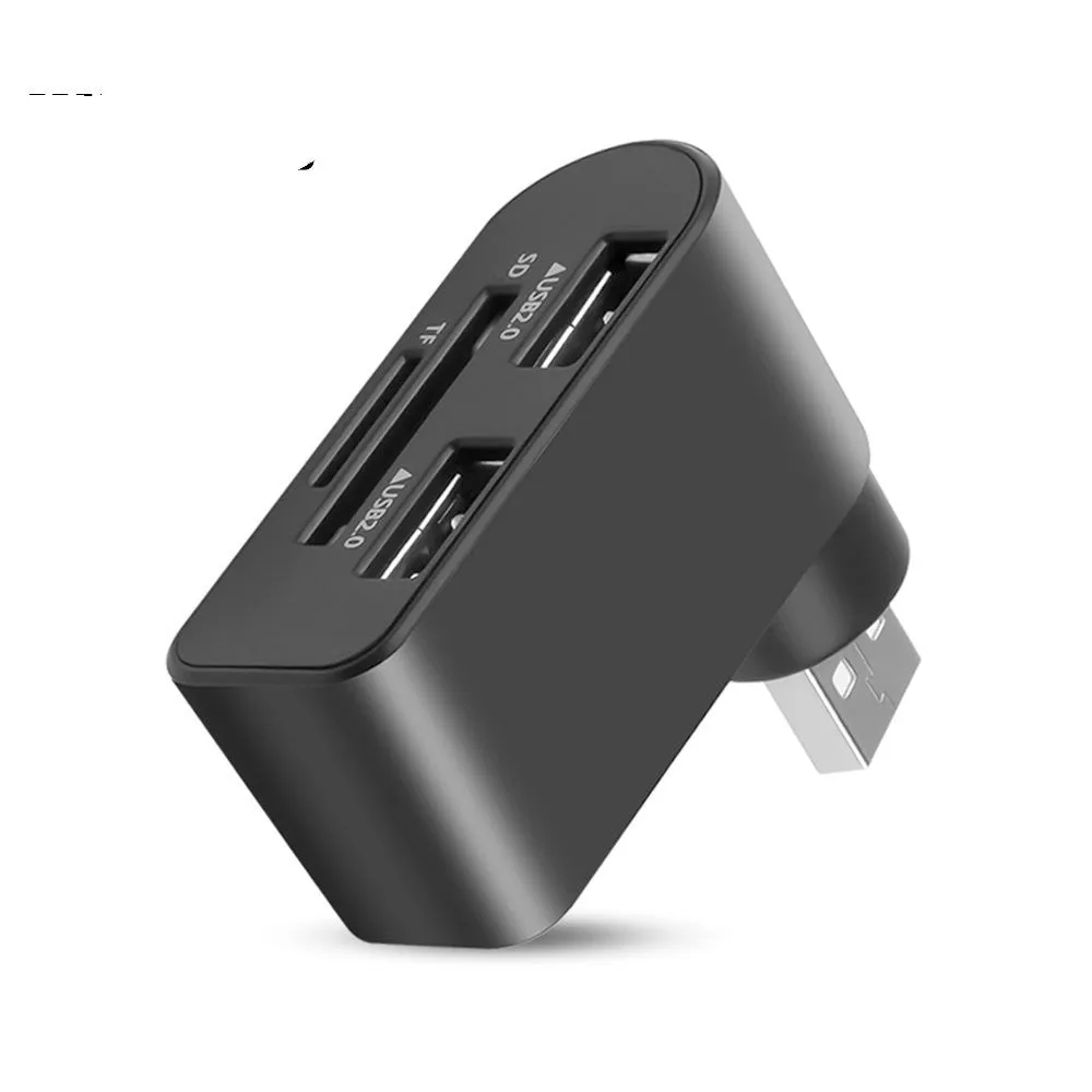 Rotating USB 2.0 hub with three ports and multi-format card reader in black ABS plastic