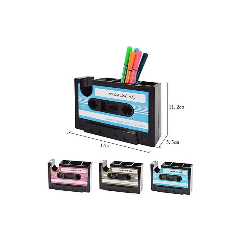 Creative multifunctional pen holder storage box in blue, 1L capacity, plastic, on desk with stationery