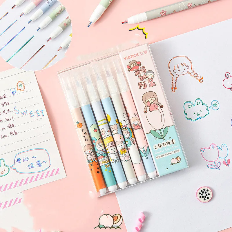 Six colour double-headed highlighter set with 0.5mm tips and plastic pull caps