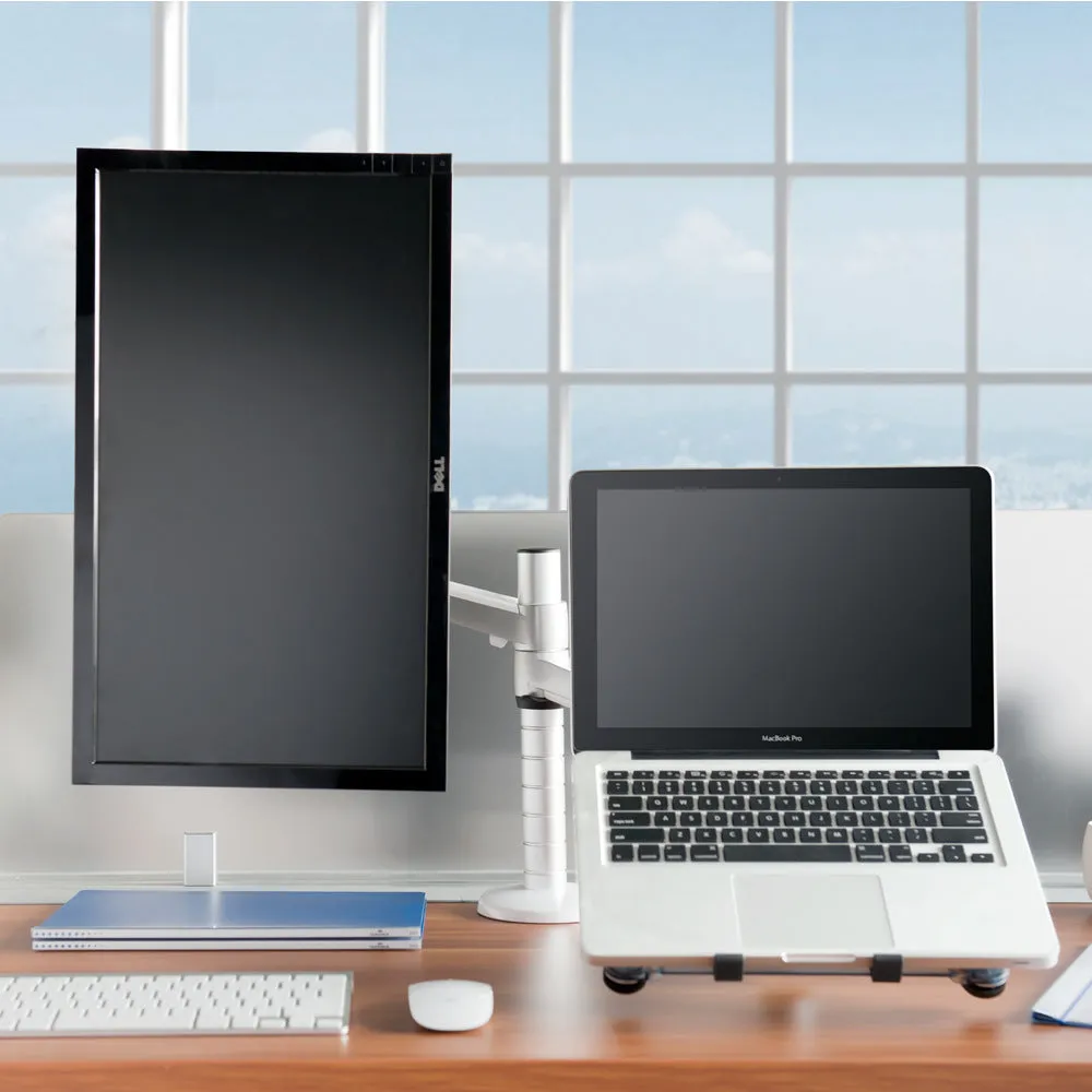 Silver dual monitor and notebook bracket with adjustable arm on desk
