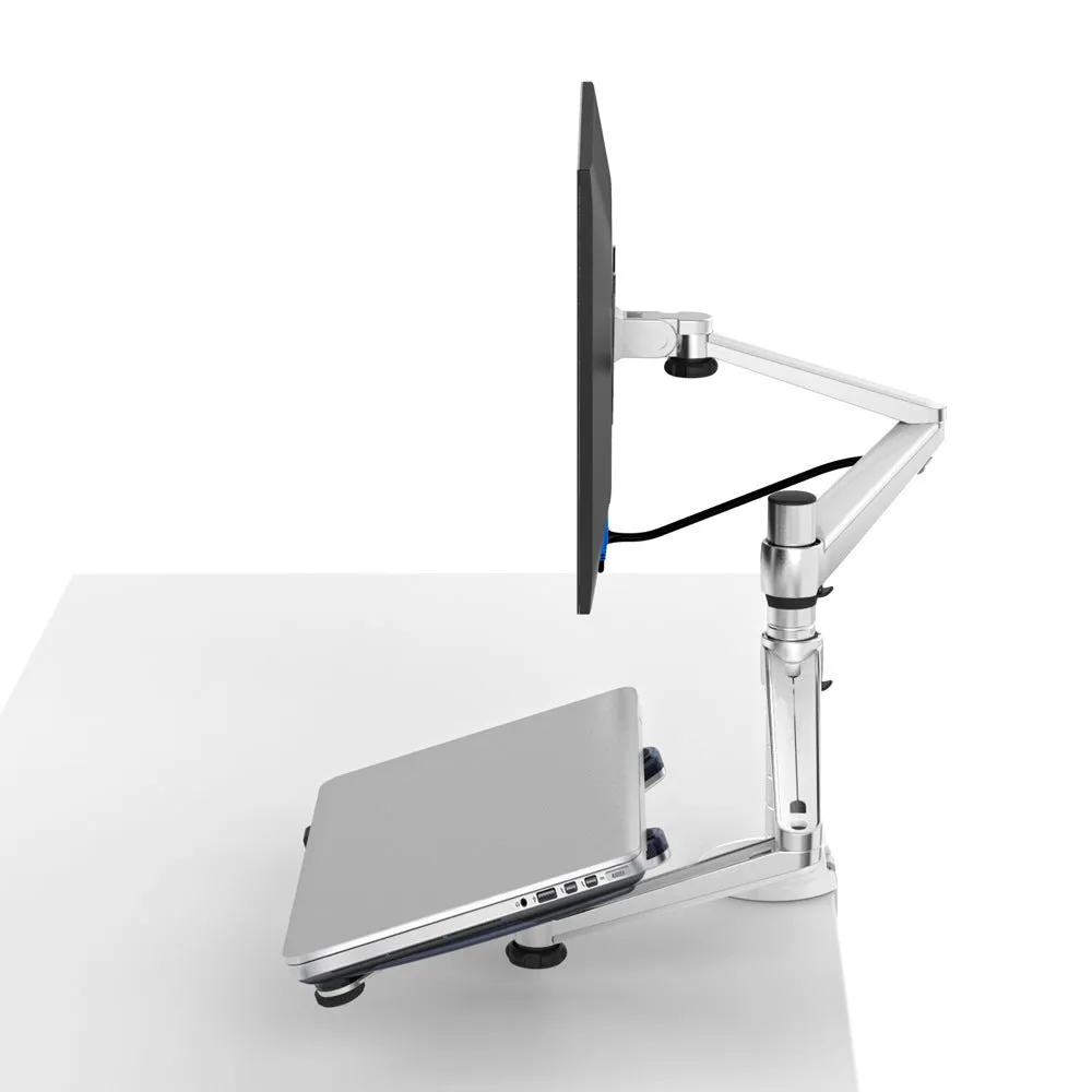 Silver dual monitor and notebook bracket with adjustable arm on desk