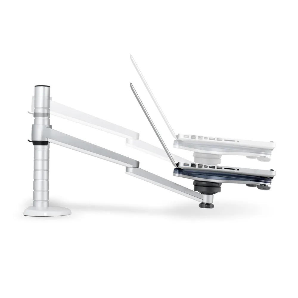 Silver dual monitor and notebook bracket with adjustable arm on desk