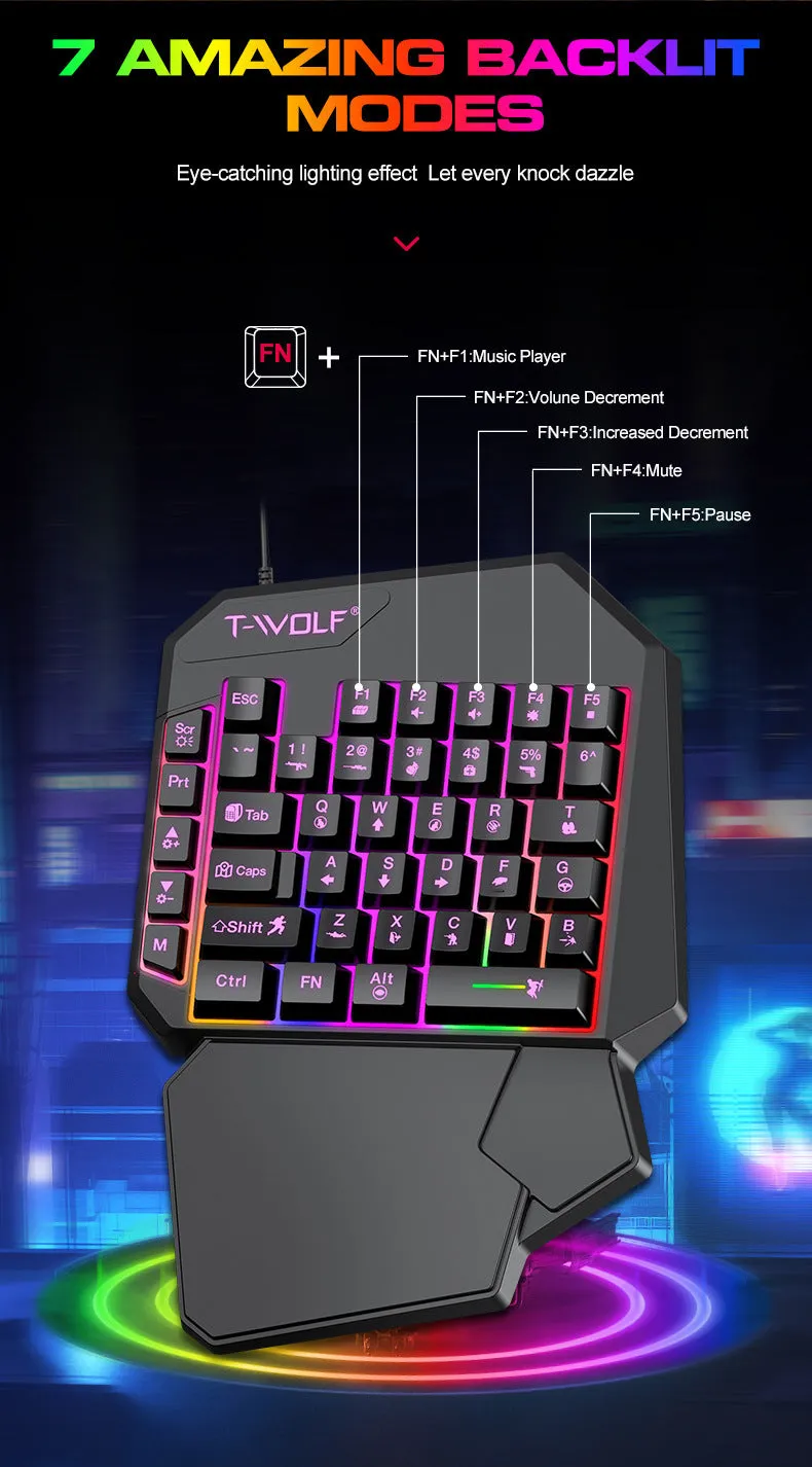 Lei Lang TF900 single hand mouse keyboard suit with plastic construction and 1.5m cable
