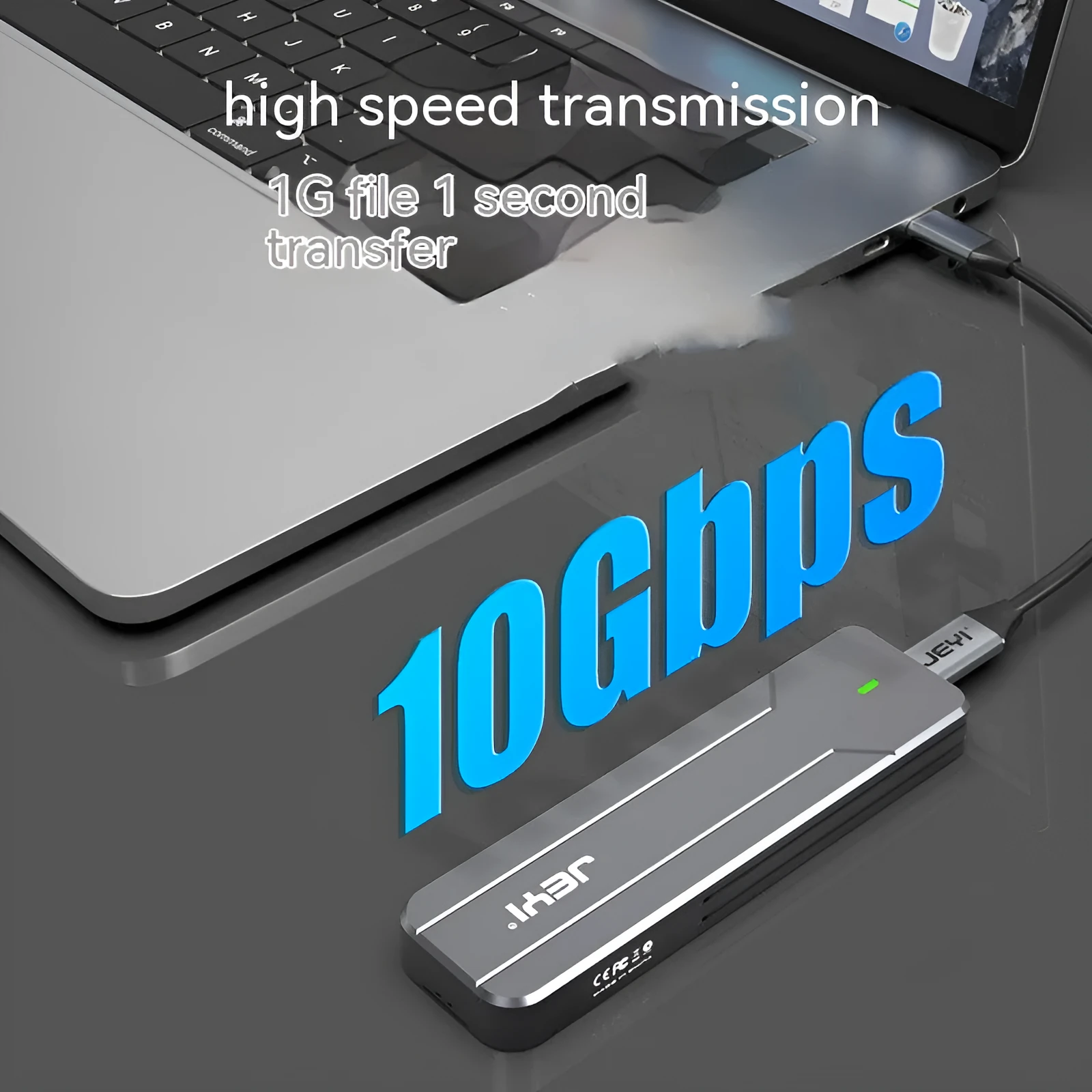 Dark grey aluminium external hard drive enclosure for M.2 SATA and NVMe SSDs with connecting cables.