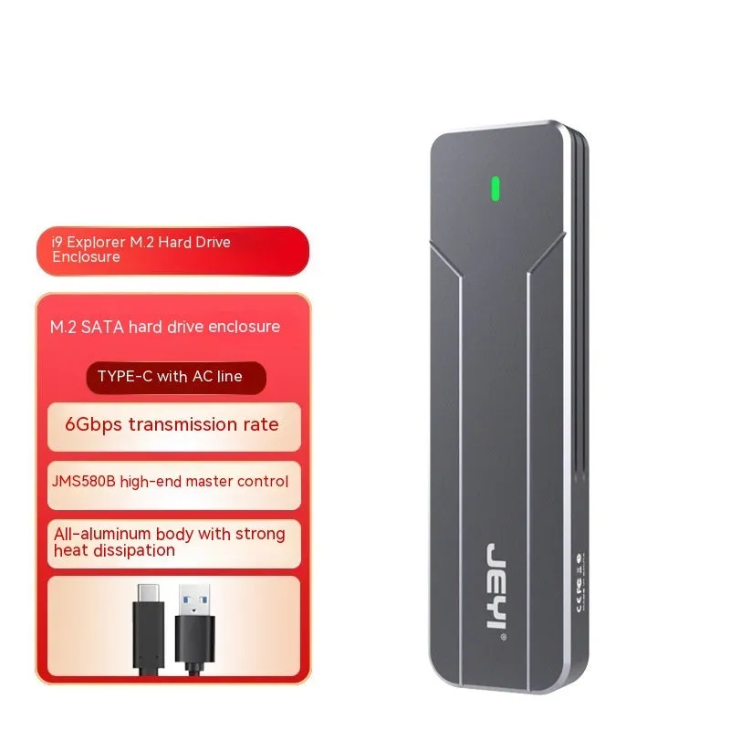 Dark grey aluminium external hard drive enclosure for M.2 SATA and NVMe SSDs with connecting cables.