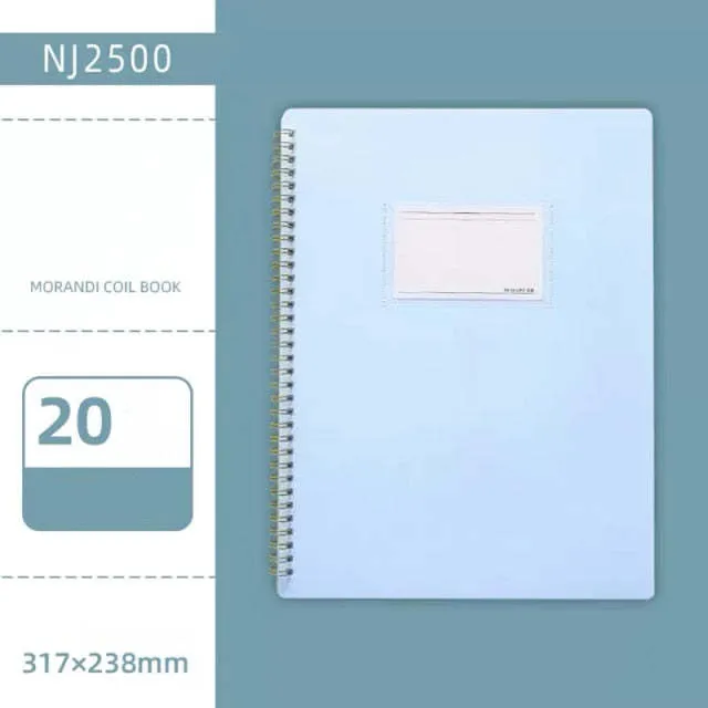 Morandi blue PP A4 coil file book with 20 display sheets on a white background
