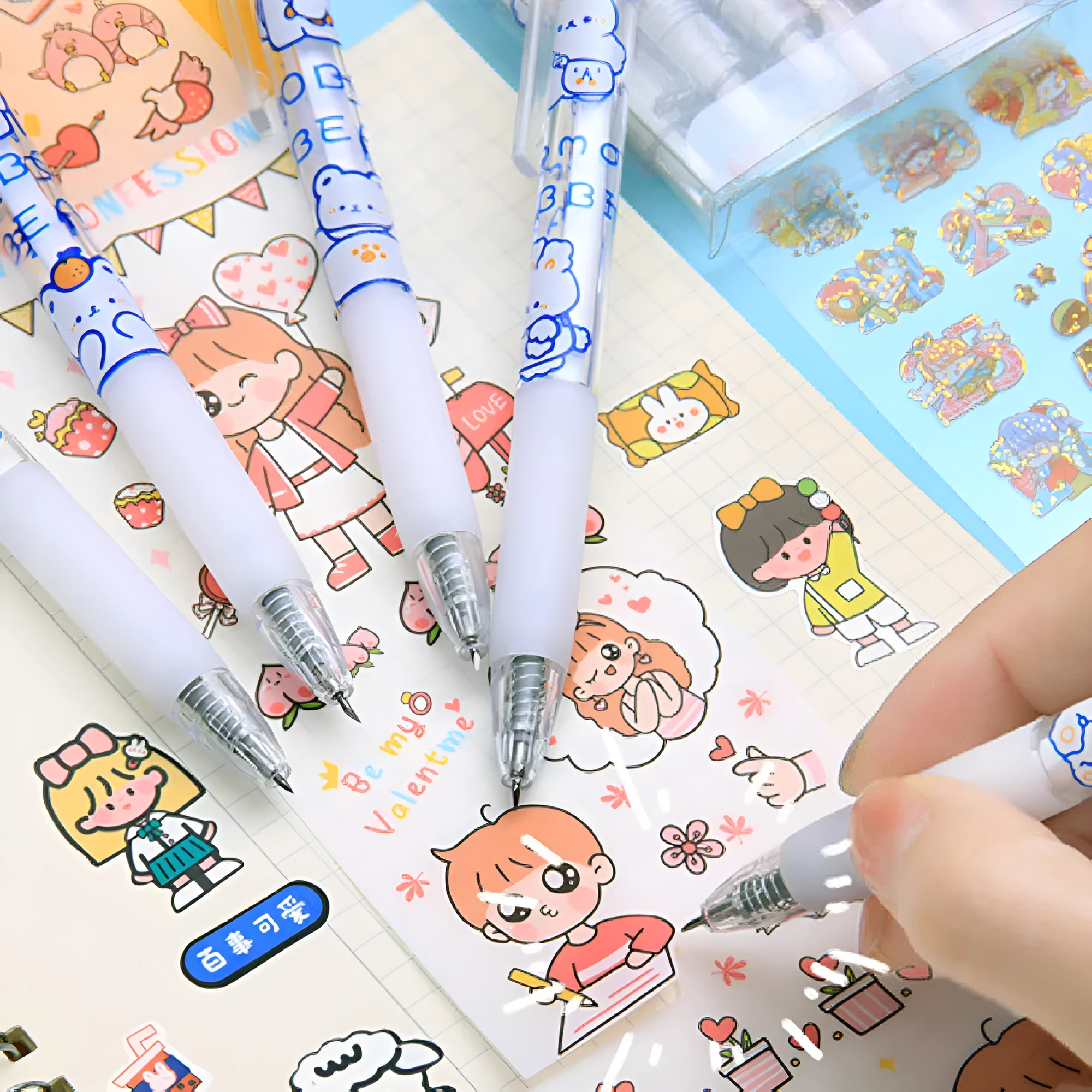 Six animal-themed press pen knives showing bear and rabbit designs with plastic bodies and metal blades
