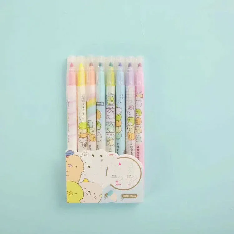 Set of eight erasable plastic highlighters measuring 16cm each with a neutral pen