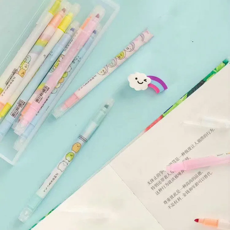 Set of eight erasable plastic highlighters measuring 16cm each with a neutral pen