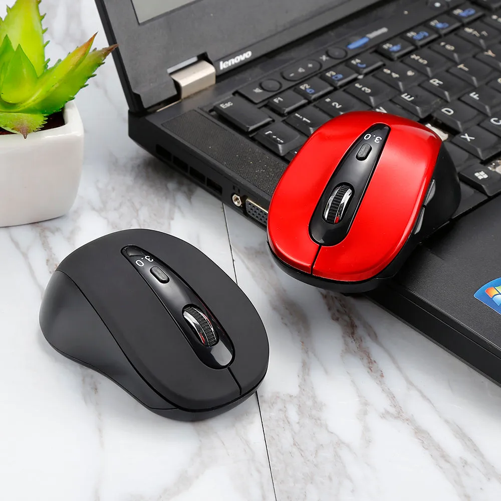 Wireless dual-mode mouse in black with ergonomic shape showing left and right buttons and scroll wheel