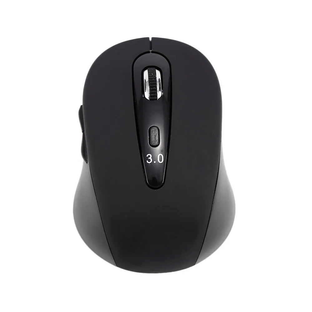 Wireless dual-mode mouse in black with ergonomic shape showing left and right buttons and scroll wheel