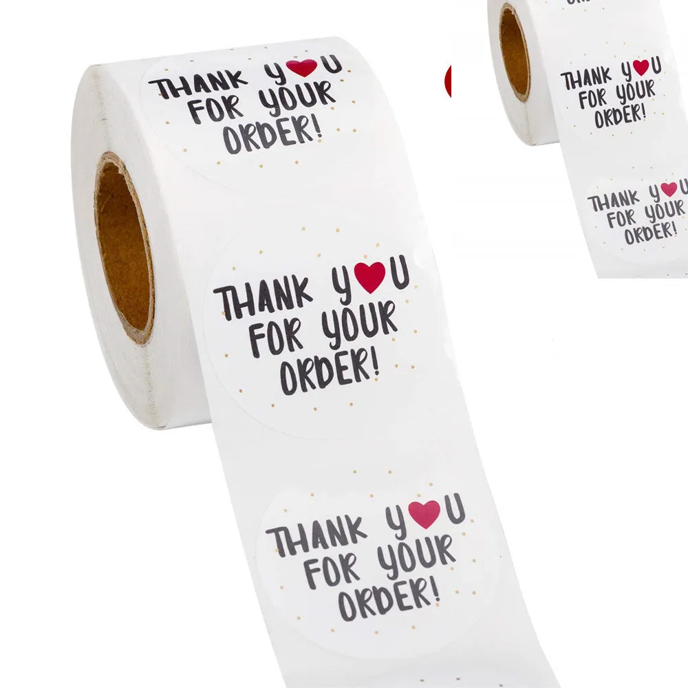 Round white thank you for ordering sticker, 2.5cm, copper plate paper, 500 pieces per roll