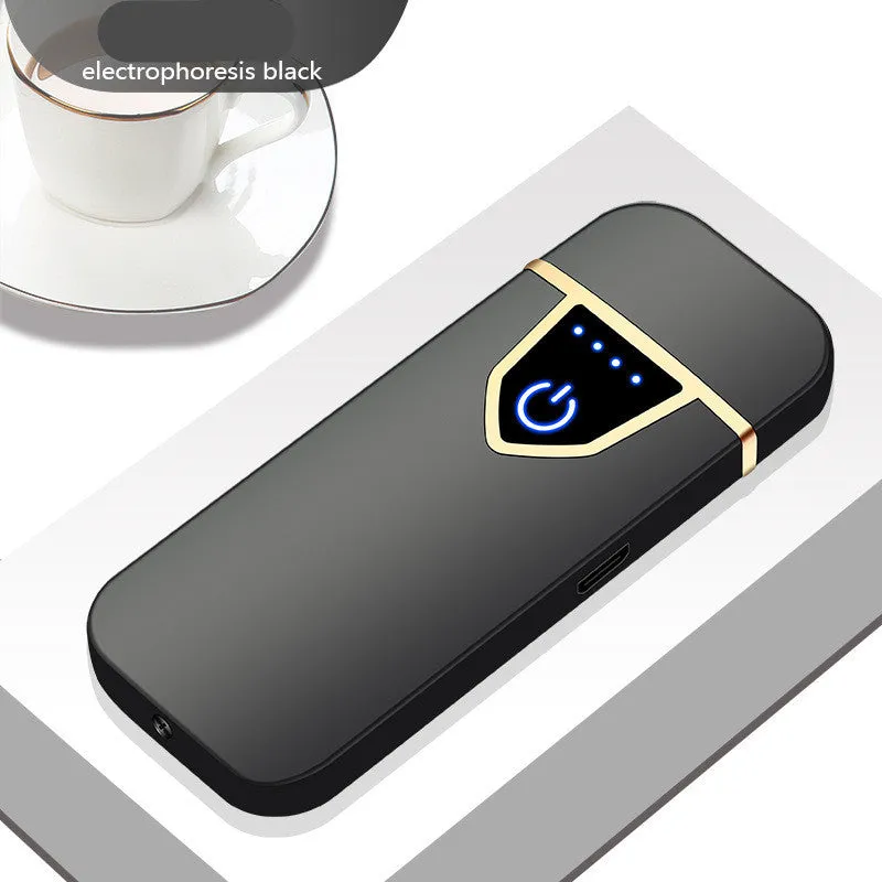 Personalised creative fingerprint induction charging cigarette lighter in black, USB rechargeable, plastic and zinc alloy construction