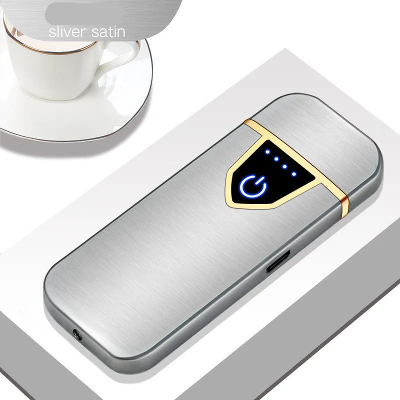 Personalised creative fingerprint induction charging cigarette lighter in black, USB rechargeable, plastic and zinc alloy construction