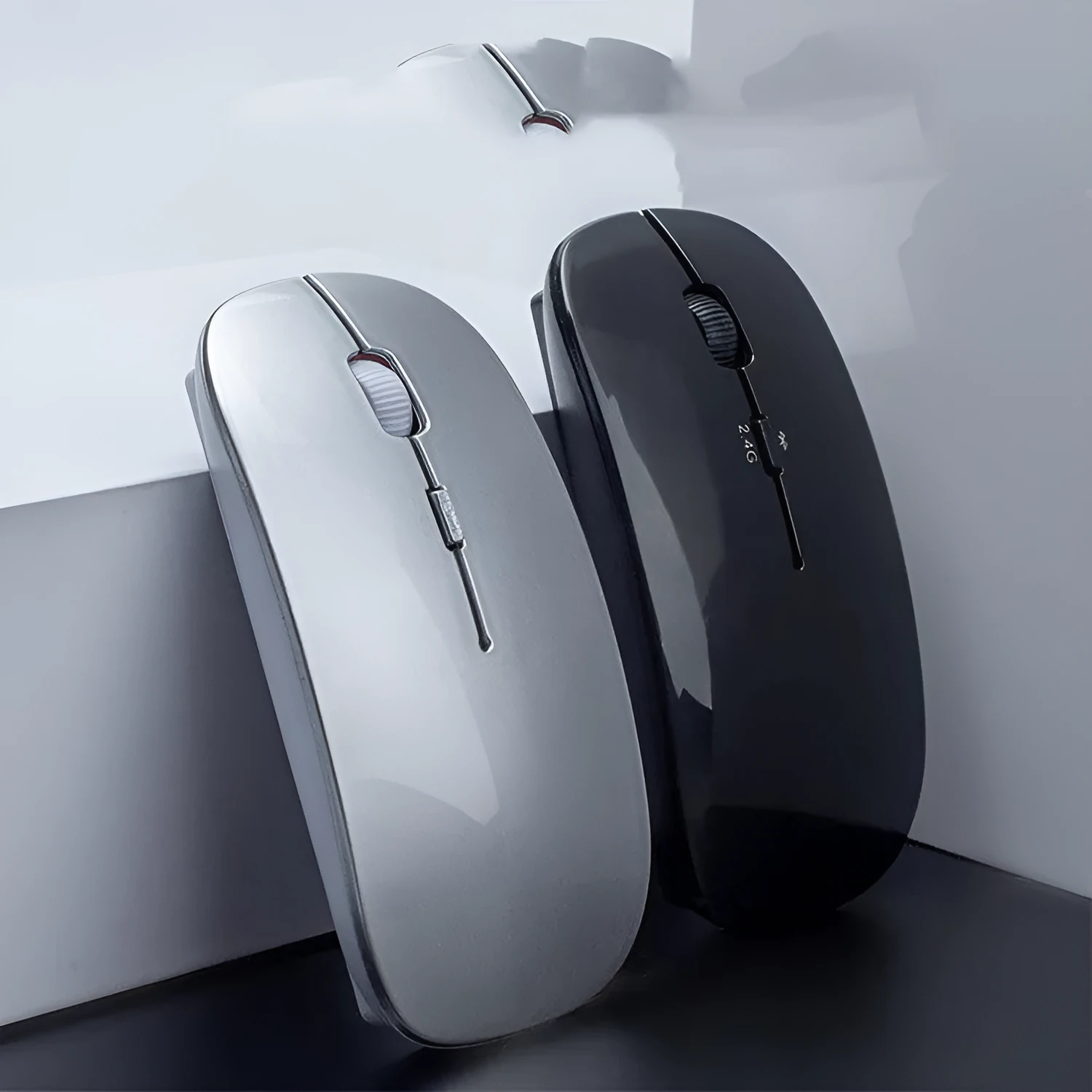 Wireless Bluetooth dual mode slim mouse with 1200 DPI sensor and four way roller in black side view
