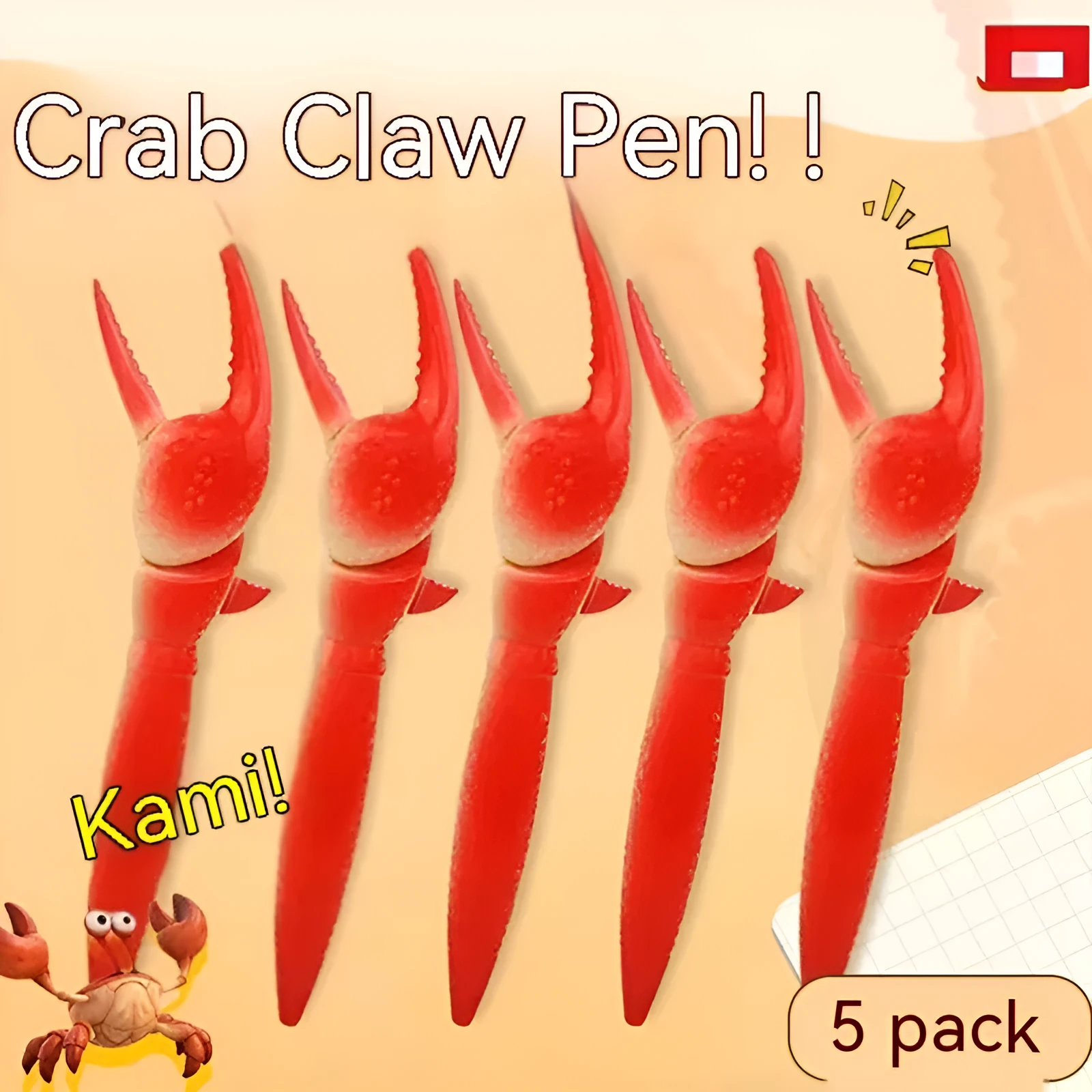 Crab-themed ballpoint pen with pressable can clip fidget mechanism