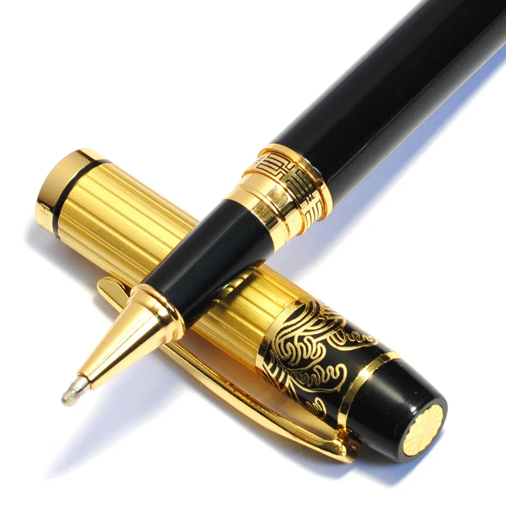 Metal ballpoint pen with hollow pattern design, black ink, 0.5mm writing point, isolated on white background