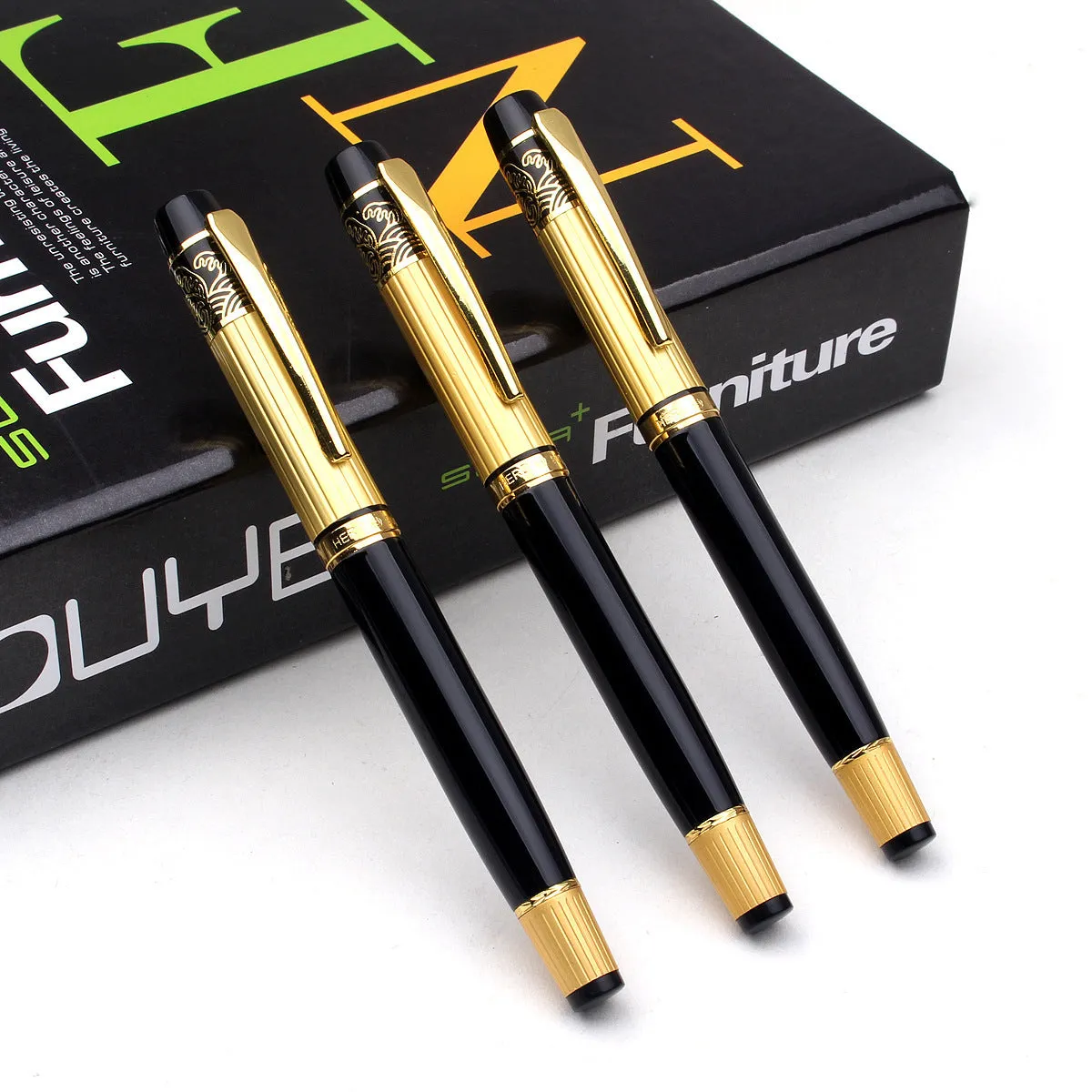 Metal ballpoint pen with hollow pattern design, black ink, 0.5mm writing point, isolated on white background
