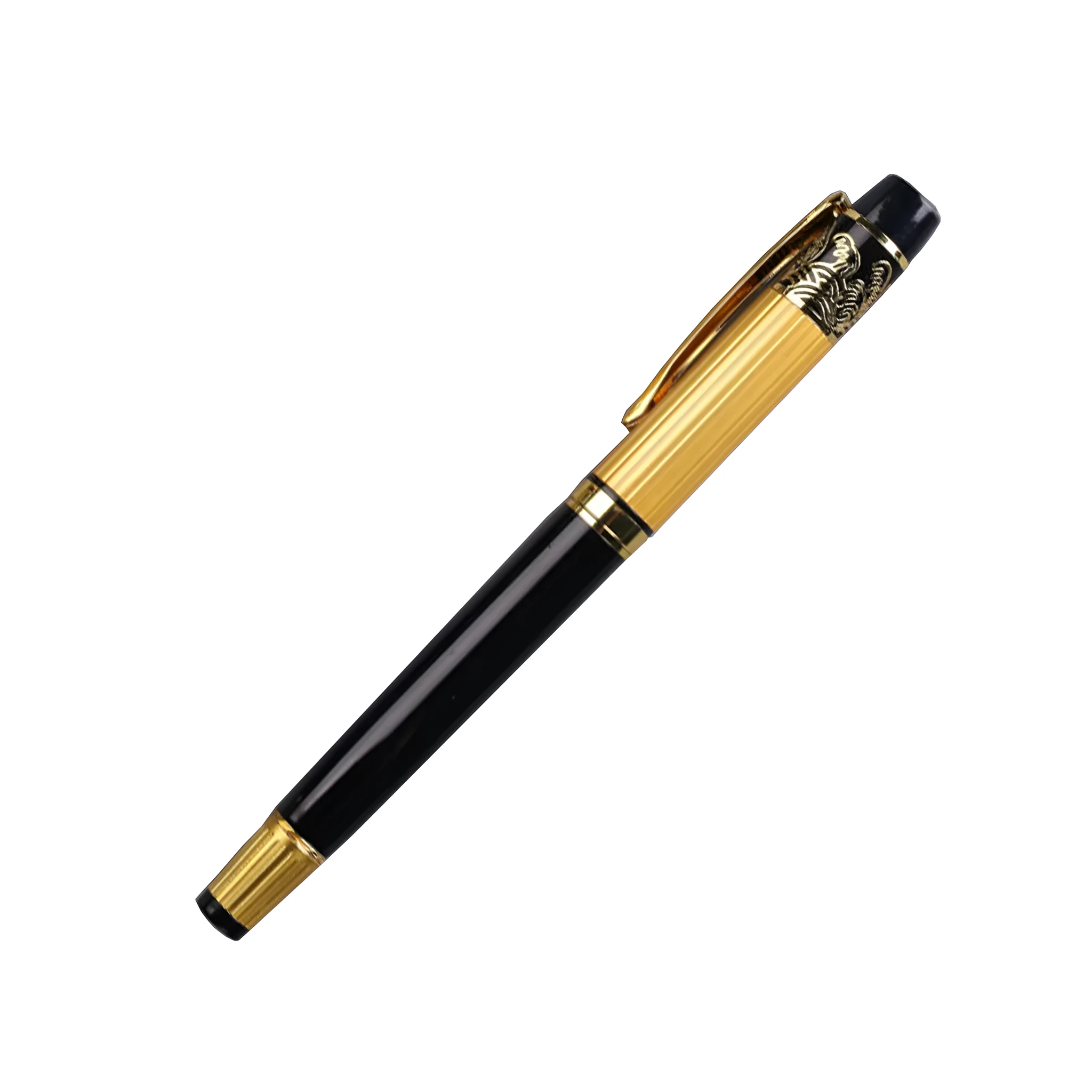 Metal ballpoint pen with hollow pattern design, black ink, 0.5mm writing point, isolated on white background