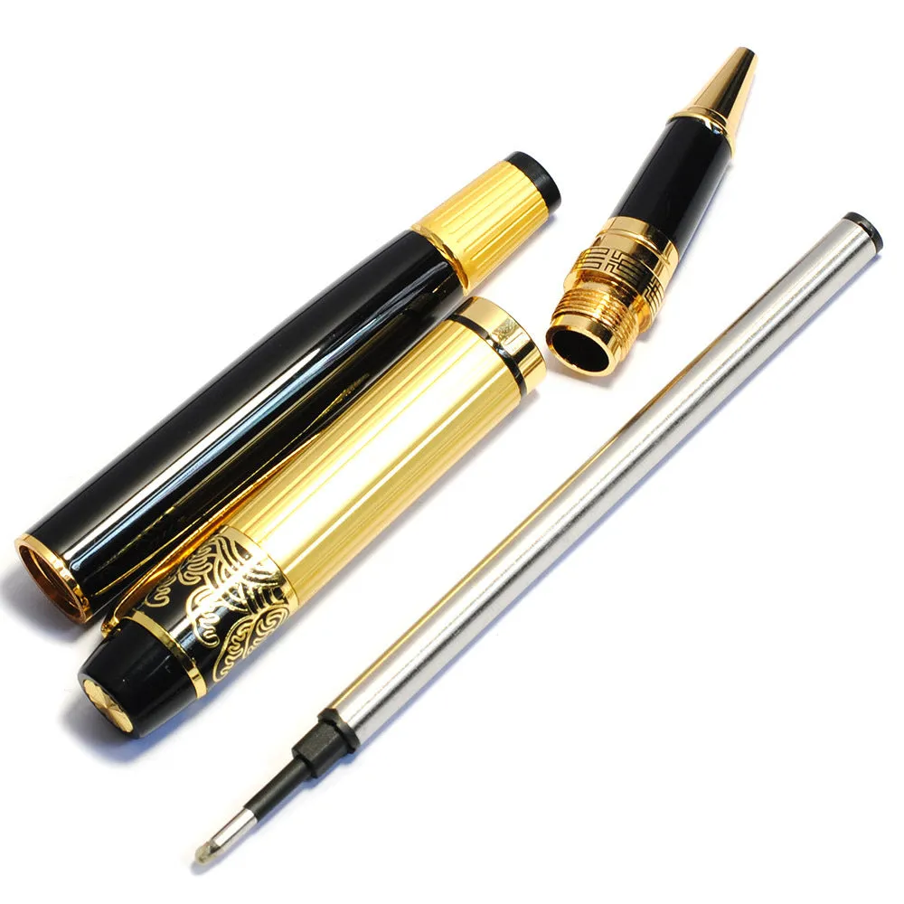 Metal ballpoint pen with hollow pattern design, black ink, 0.5mm writing point, isolated on white background
