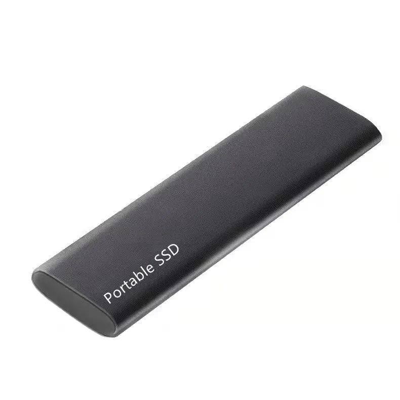 Ultra-thin external mobile solid-state drive with a metal shell, showing red interface connector.
