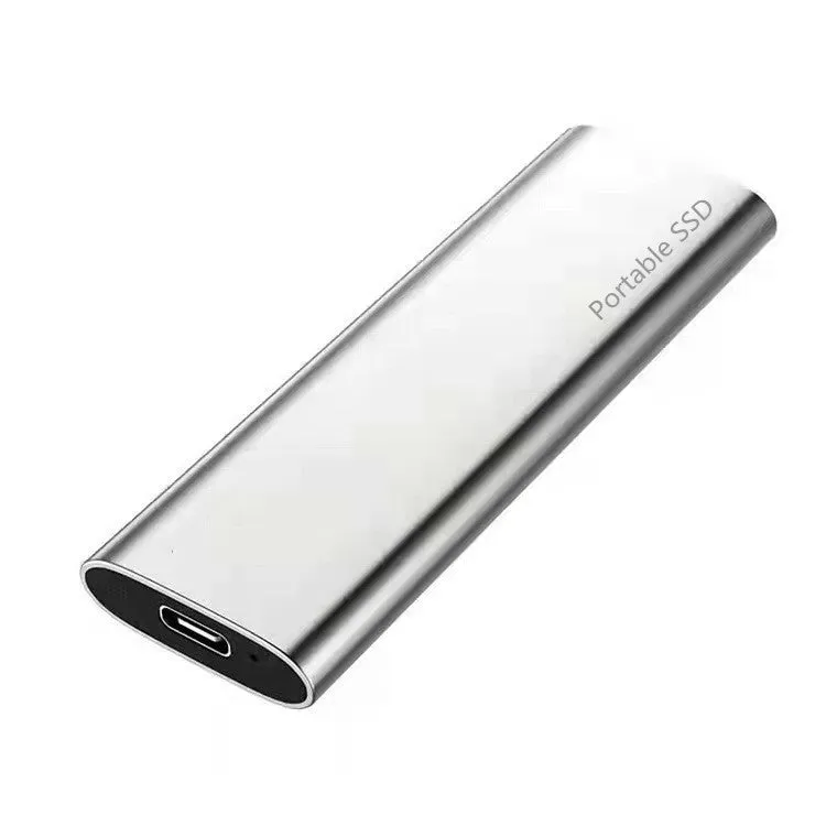 Ultra-thin external mobile solid-state drive with a metal shell, showing red interface connector.