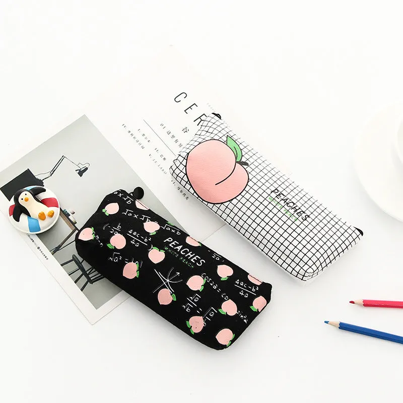 Rectangular canvas pencil case with peach print design, 20 x 8.5 cm, in white peaches colourway