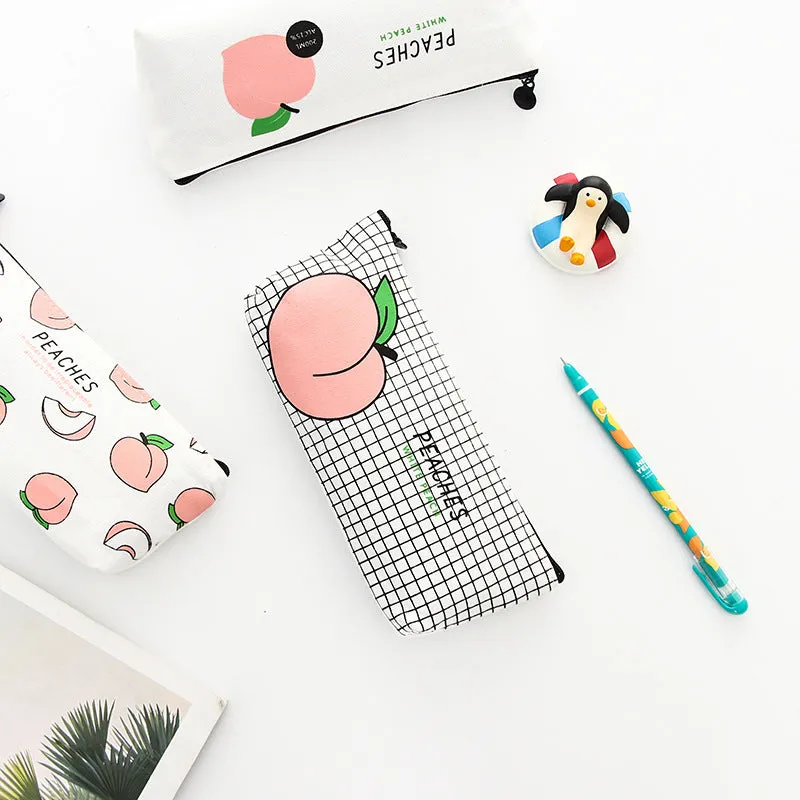 Rectangular canvas pencil case with peach print design, 20 x 8.5 cm, in white peaches colourway