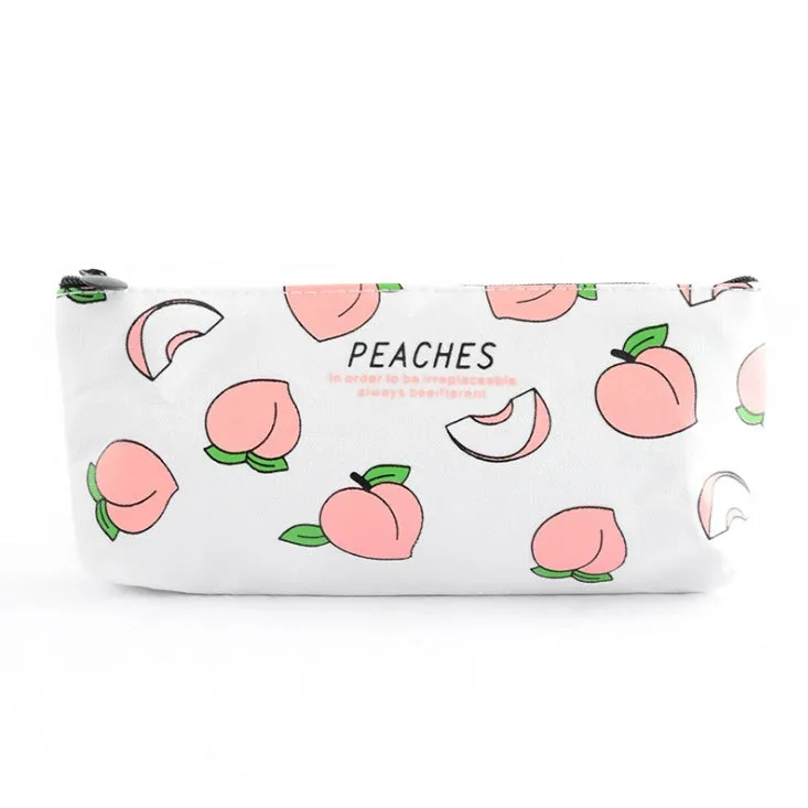 Rectangular canvas pencil case with peach print design, 20 x 8.5 cm, in white peaches colourway