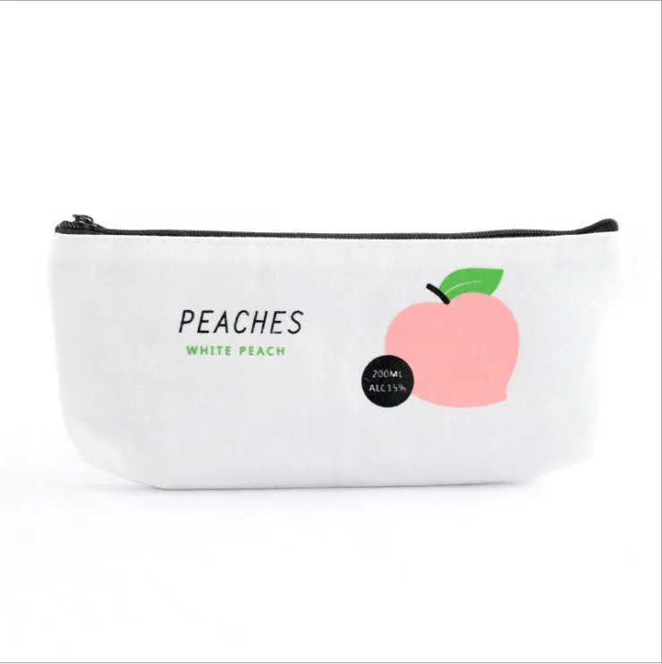 Rectangular canvas pencil case with peach print design, 20 x 8.5 cm, in white peaches colourway