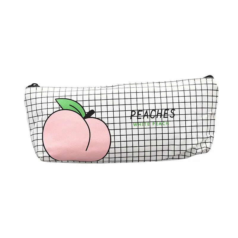 Rectangular canvas pencil case with peach print design, 20 x 8.5 cm, in white peaches colourway
