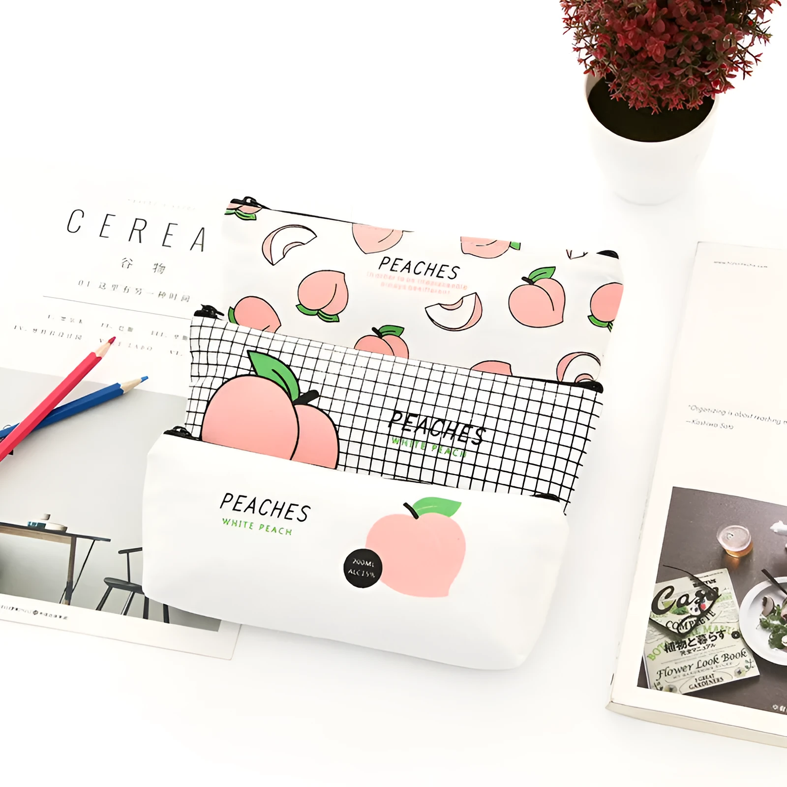 Rectangular canvas pencil case with peach print design, 20 x 8.5 cm, in white peaches colourway