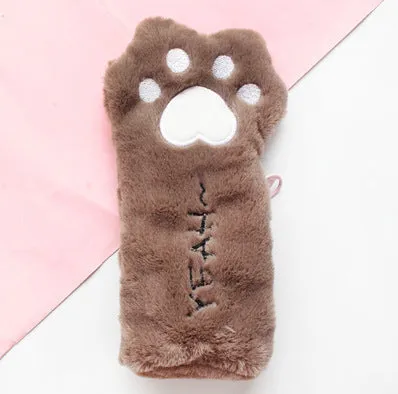 Cute plush cat's paw bag in beige with cat paw design, compact 23cm by 12.5cm Korean style handbag