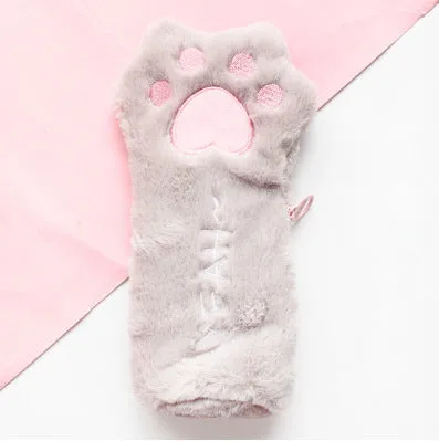 Cute plush cat's paw bag in beige with cat paw design, compact 23cm by 12.5cm Korean style handbag