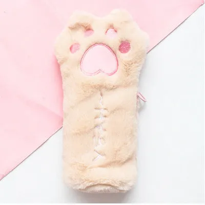 Cute plush cat's paw bag in beige with cat paw design, compact 23cm by 12.5cm Korean style handbag